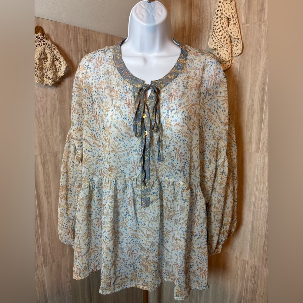 Elegant Floral Sheer Tie-Front Blouse